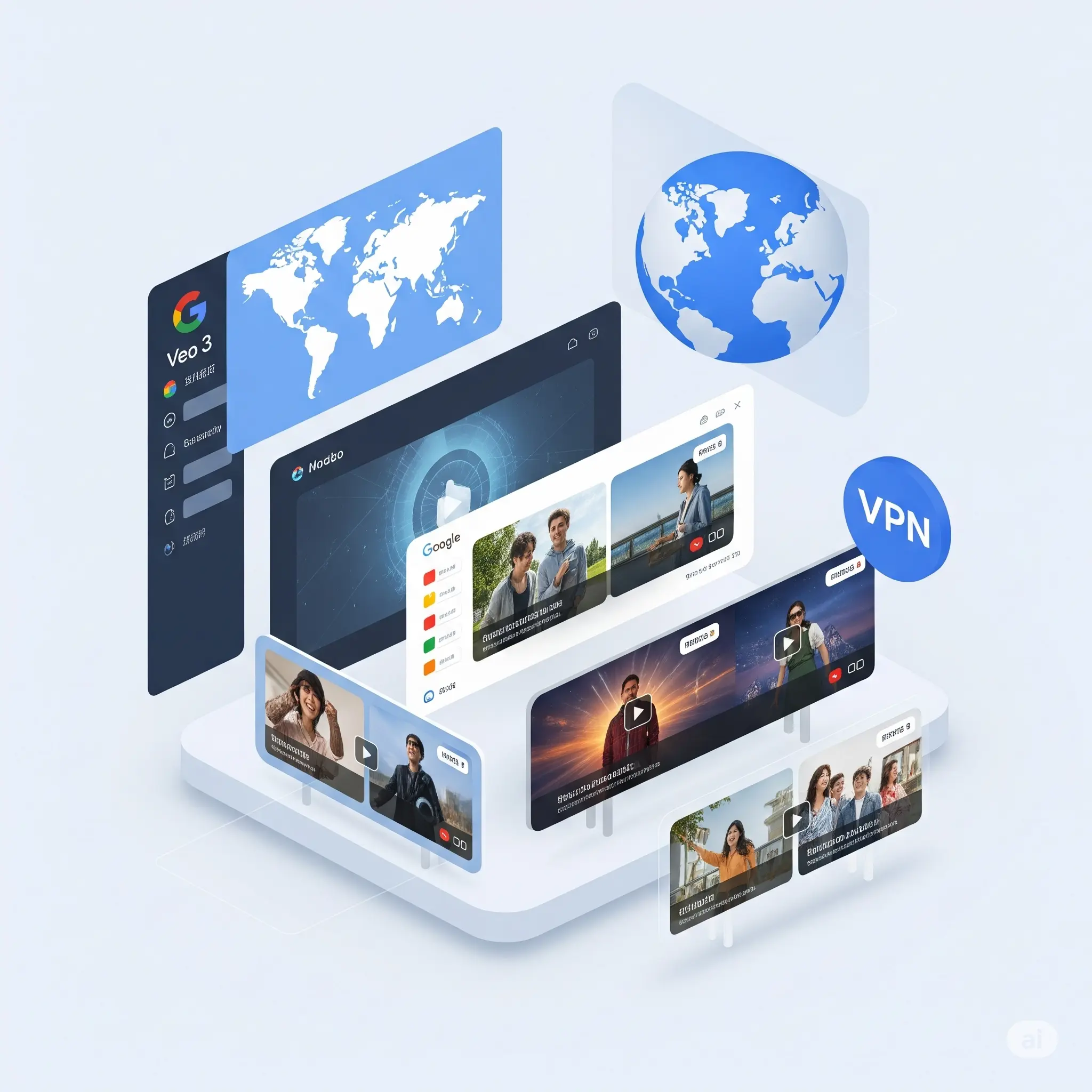 Google Veo 3 AI video generation interface with a world map and VPN icon, symbolizing global access and geo-restriction bypass